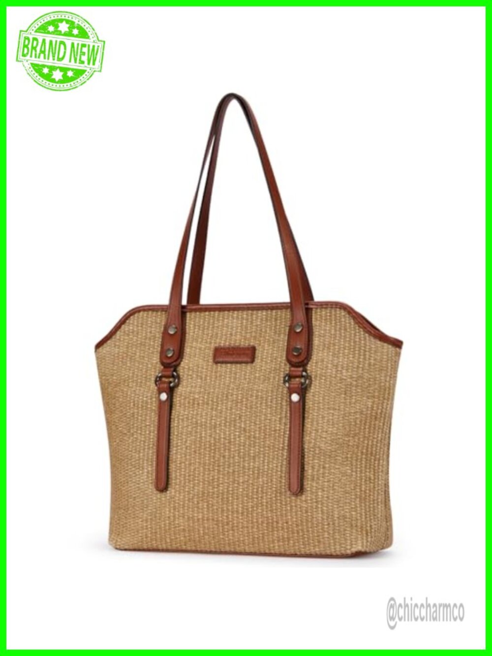Straw Vegan Leather Tote Bag Large Capacity Shoulder Bag Travel Work Beach